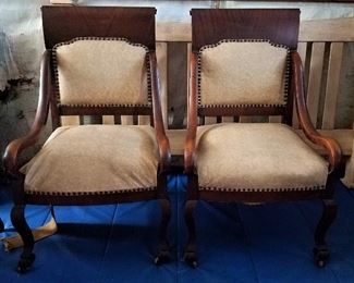 Two antique arm chairs. Seats need repaired.