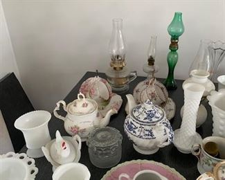 Milk glass, fine china and vintage oil lamps