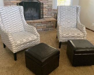 Ottomans have rolling wheels and open up for storage. There are 3 of these.  Chairs are in great shape. 