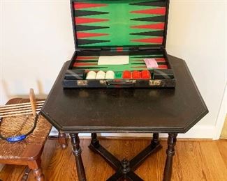 102- Backgammon game set, vintage wood table measures 27" l x 27"w x 29" h