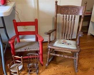 97- Red child's rocking chair, carved wood Raggety Ann child's rocking chair, doll's chairs