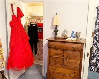 76- Lovely home decor, vintage wood dressing bureau, vintage 1950's formal one shoulder red dress