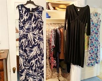 75- Blue and white palm leaf dress, black formal flow dress with beaded accent