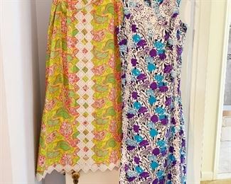 74- Vintage Lilly Pulitzer The Lilly yellow, green and pink chicken print wrap skirt (Size 8), Vintage Lilly Pulitzer The Lilly blue, purple, black and white maxi dress (Size 12)