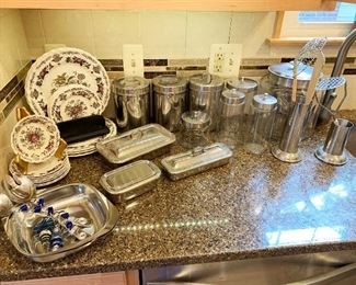 53- Vintage dishes, stainless steel kitchen storage containers, canisters and various other kitchen items