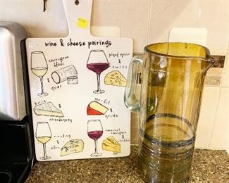 51- Ceramic wine & cheese pairings serving board, art glass water pitcher