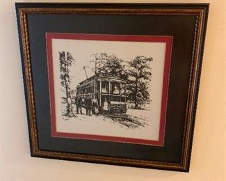 109- Framed and matted print of trolley car sketch by Detroit artist Alexander Pollack