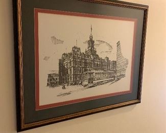 110- Framed and matted print of historical building and street scene, black sketch by Detroit artist Alexander Pollack