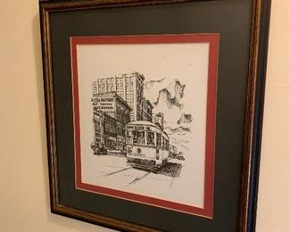 111- Framed and matted print of historical street with trolley car by Detroit artist Alexander Pollack