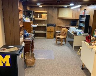 122- Storage shelving, work tables and desk, wooden chairs and more!