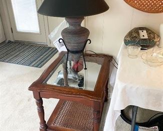 35- Table lamp, glass and wood end table measures 22"l x 27"w x 22" h