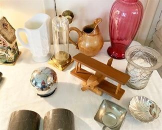 31- Marble bookends, wooden toy plane, trinket trays, large ruby glass vase, pottery pitcher and more