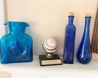 21- Blue glass vase and bottles, signed baseball