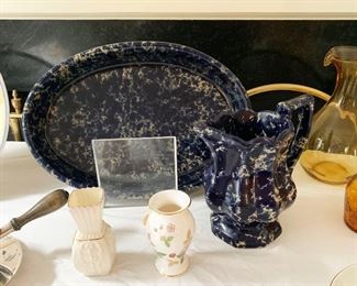 16- Beleek miniature bud vase, painted porcelain bud vase, Cobalt blue Bennington sponge ware bowl and pitcher