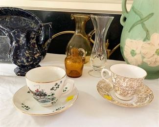 15- Vintage tea cups/saucers, crystal and glass vases