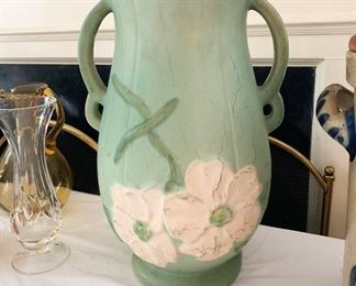 14-Antique Weller teal and white flower large vase