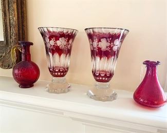12- Two antique ruby red/cranberry glass bud vases over 50 years old, pair of antique Bohemian red to clear cut crystal vases over 70 years old!