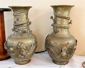 7- Vintage Chinese brass dragon vases depicting dragon chasing pearl legend