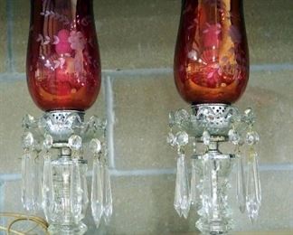 Two Table Lamps With Rose Colored Shades, Glass Base and Prisms, 15.5" Tall, Both Power On