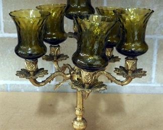 Brass Votive Candle Stand With Green Glass Candle Holders, 18" Tall, Holds Six Candles