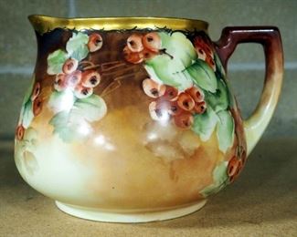 Limoges France Painted Porcelain Pitcher, 6 Cups (Some Cracks) And T&V France Hand Painted Bowl (All With Gold Tone)