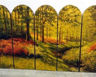 Folding Wood Partition With Image Of Wooded Garden, 24" Tall x 40.5" Wide Fully Extended