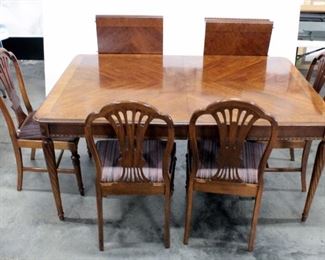 Dining Room Table, 42" Wide x 66" Long, With Two Leaves, Each Adds 20", Five Chairs With Padded Seats