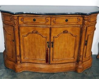 Ornate Buffet With 2 Top Drawers, Double Door Lower Compartment And 2 Side Compartments, Stone Top, 1 Pull Damaged, 34" H x 59" W x 19.5" D