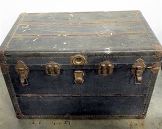 Antique Metal Trunk With Leather Side Handles, 24" H x 36.5" W x 22' D