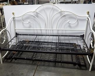 Day Bed With Popup Trundle, Metal Frame, Scrollwork Design, Gold-Toned Knobs, Holds Twin Size Mattress