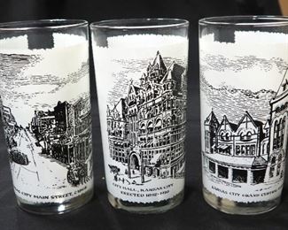 Kansas City Nostalgia Collector's Glasses, Set Of Six, Includes City Hall, Main Street, Gilliff House, Grand Central Station And More