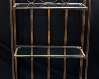 Collapsible Three Shelf Metal Shelving, Bronze Tone With Floral Emblem And Glass Shelf Inserts, 36" Tall x 18.5" Wide x 9" Deep