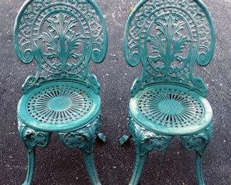 Pair Of Decorative Metal Chairs With Open Floral And Starburst Designs 33.25" Tall