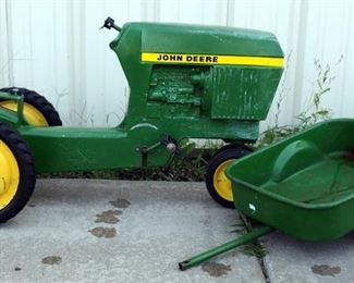 John Deere Toy Pedal Tractor And Trailer, 20" High x 37" Long x 18" Wide, Missing Steering Wheel And Seat