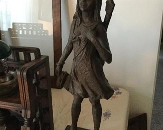 LEONARDO ART WORKS. Plaster figurine of a young woman carrying her tambourine and guitar.  26” tall