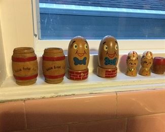 Vintage wood salt & pepper shaker collection. One set marked  Benton Harbor, Michigan 