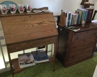 Oak Secretary.   Eastlake spoon carved chest of drawers.