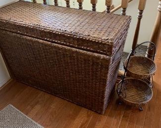 wicker trunk, layered baskets w/stand