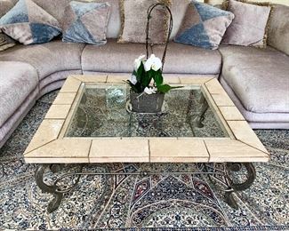 Large stone and glass and iron cocktail table