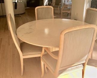 Italian Travertine Round Top Dining Table and Dining Chairs - made in Italy - 2 with arms, 4 without.