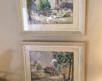 2 french mcm watercolors, signed and of Paris