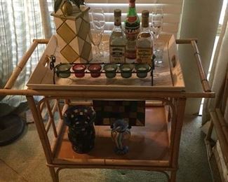 MCM BAMBOO SERVING CART WITH BAR ITEMS, TEQUILA NOT FOR SALE