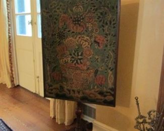 ANTIQUE WALNUT FIREPLACE SCREEN W/ ANT. TAPESTRY CIRCA 1790