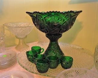 Green glass punch bowl set
