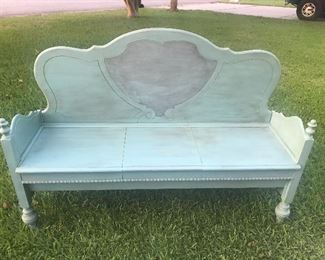 Chalk painted bench constructed from depression era bed.