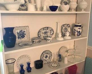 Milk glass, cobalt glass, blue and white transfer ware