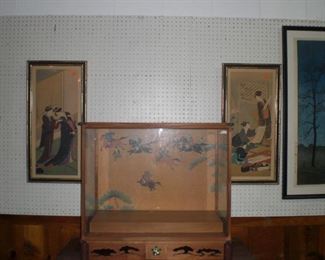Japanese fruitwood display case with wind up music box, 