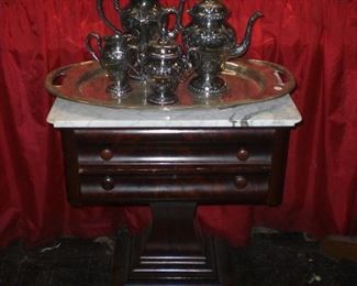 American Empire marble top work table, repousse silver tea set, etc.