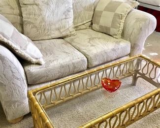 Love seat, neutral furniture, glass coffee table, bamboo coffee table