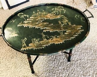 Asian metal coffee table, asian metal tray & stand